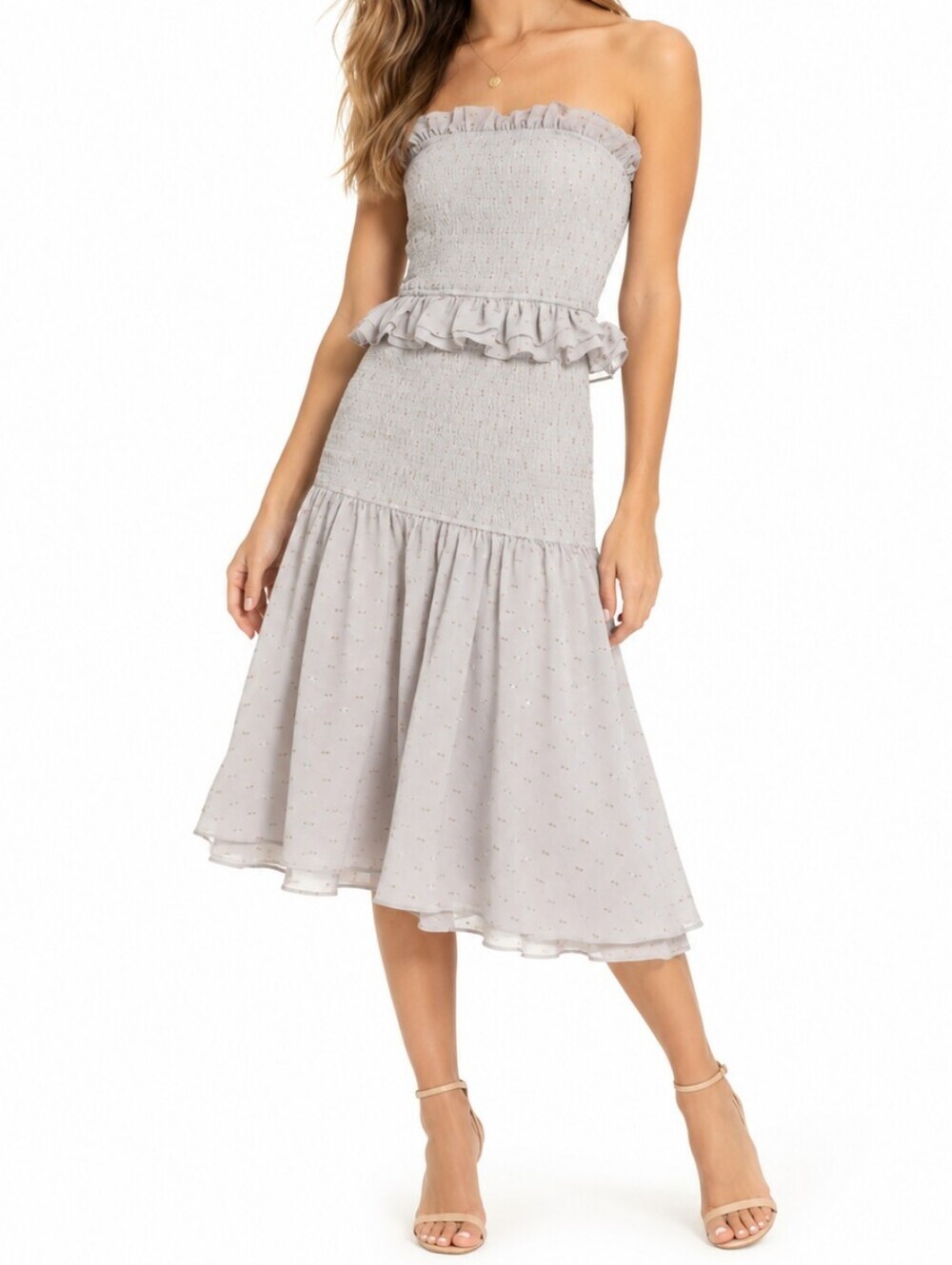 NWT Cooper St Grey Smocked Metallic Ruffle Strapless Midi Dress Size US 4 Party